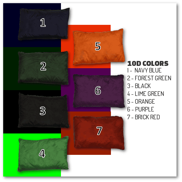 An image showing color swatches of the of 10d Colors: Navy Blue, Forest Green, Black, Lime Green, Orange, Purple, andf Brick Red.